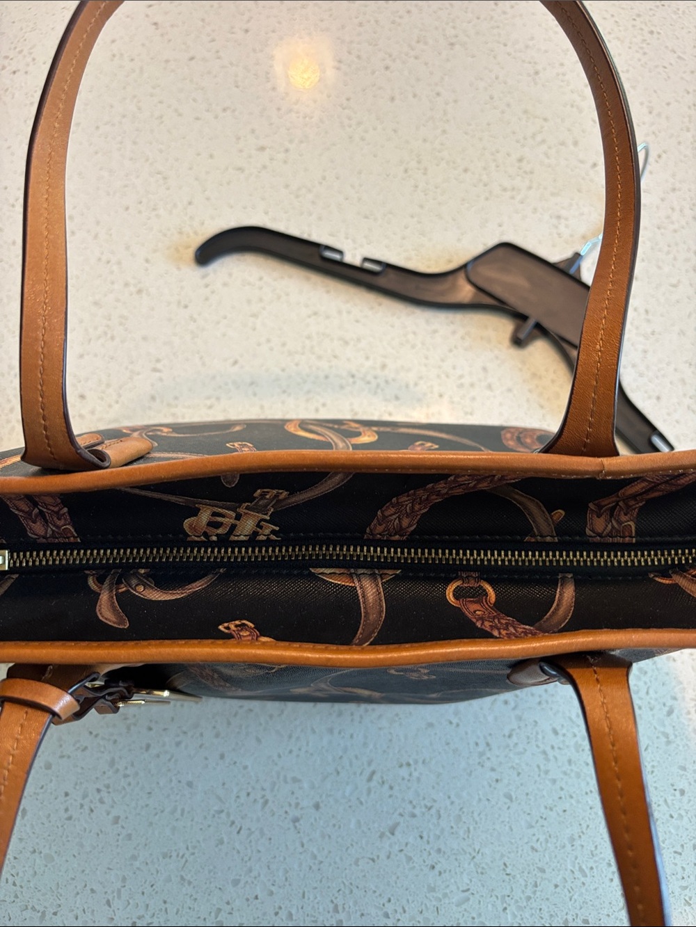 New w/o Tags - Ralph Lauren Black Tote with Tan Equestrian Print & Tan Trim - Picture 3 of 4